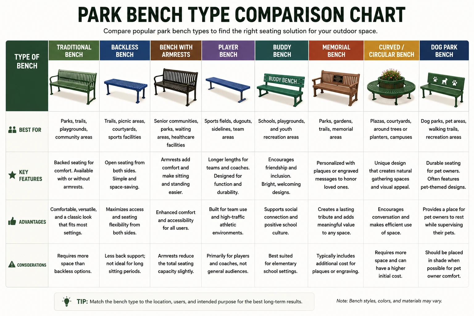 Park bench type comparison chart showing traditional, backless, player, buddy, memorial, curved, and dog park benches